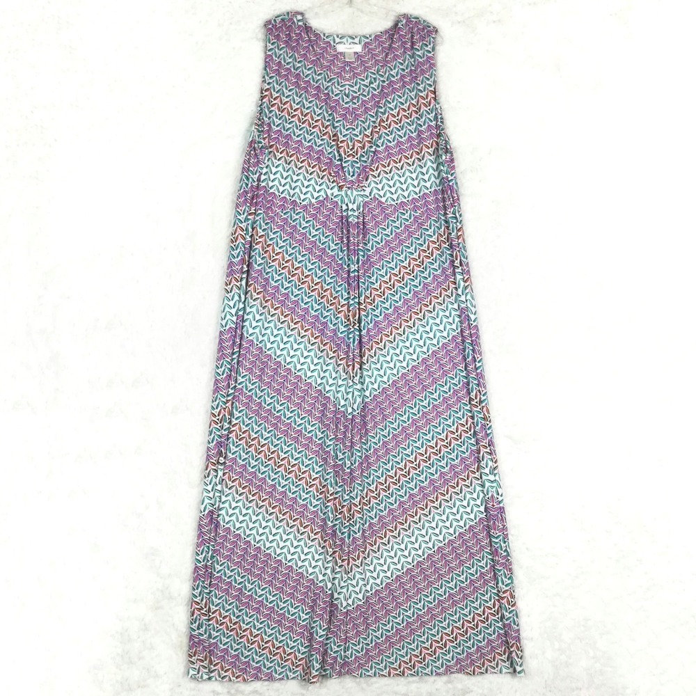 CJ Banks Womens Maxi Dress Sleeveless Boho Blue Pink Geometric Stripe Plus 3X‎